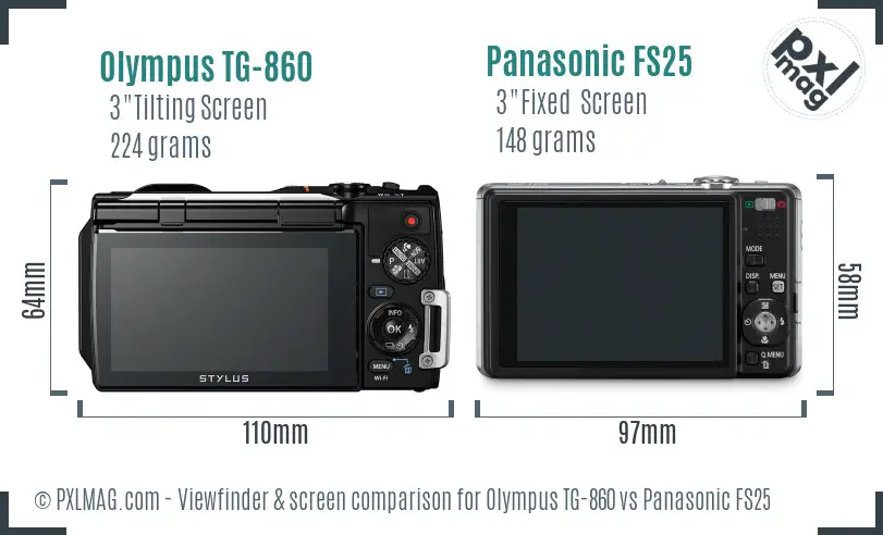 Olympus TG-860 vs Panasonic FS25 Screen and Viewfinder comparison