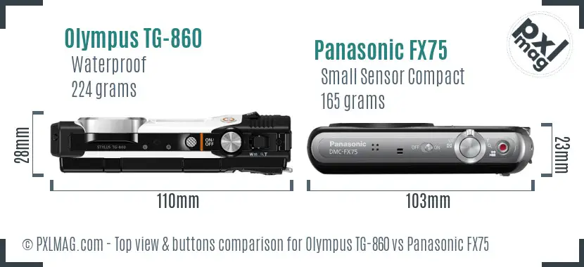 Olympus TG-860 vs Panasonic FX75 top view buttons comparison Olympus TG-860 vs Panasonic FX75 top view buttons comparison