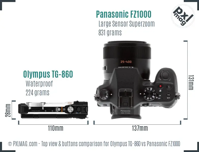 Olympus TG-860 vs Panasonic FZ1000 top view buttons comparison Olympus TG-860 vs Panasonic FZ1000 top view buttons comparison