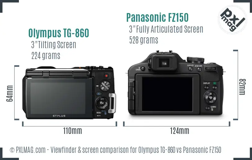 Olympus TG-860 vs Panasonic FZ150 Screen and Viewfinder comparison