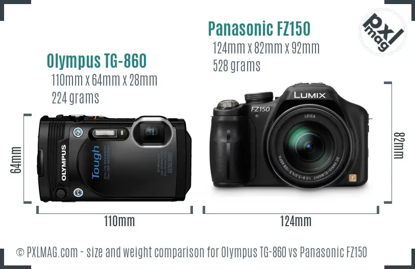 Olympus TG-860 vs Panasonic FZ150 size comparison