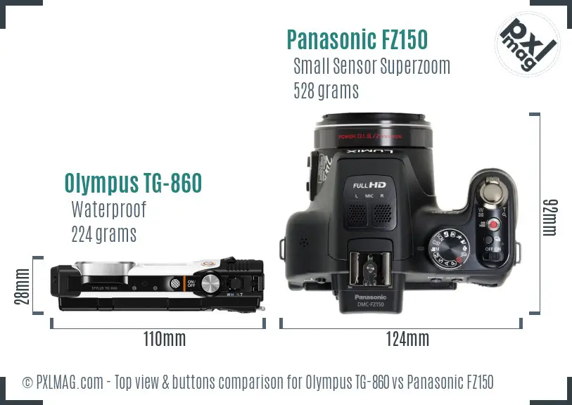 Olympus TG-860 vs Panasonic FZ150 top view buttons comparison