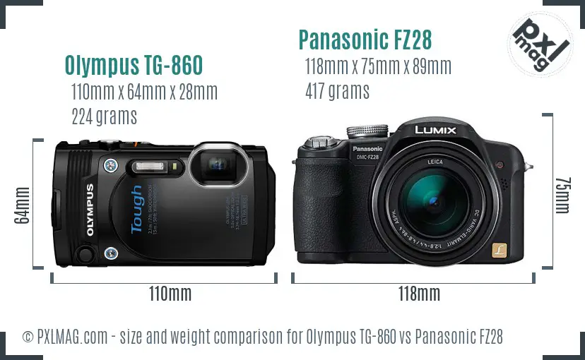 Olympus TG-860 vs Panasonic FZ28 size comparison Olympus TG-860 vs Panasonic FZ28 size comparison
