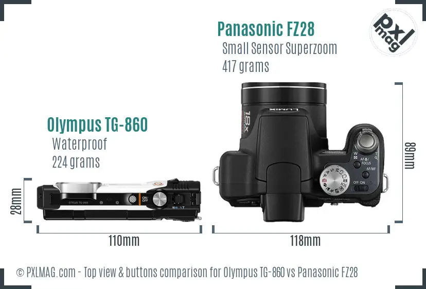 Olympus TG-860 vs Panasonic FZ28 top view buttons comparison Olympus TG-860 vs Panasonic FZ28 top view buttons comparison