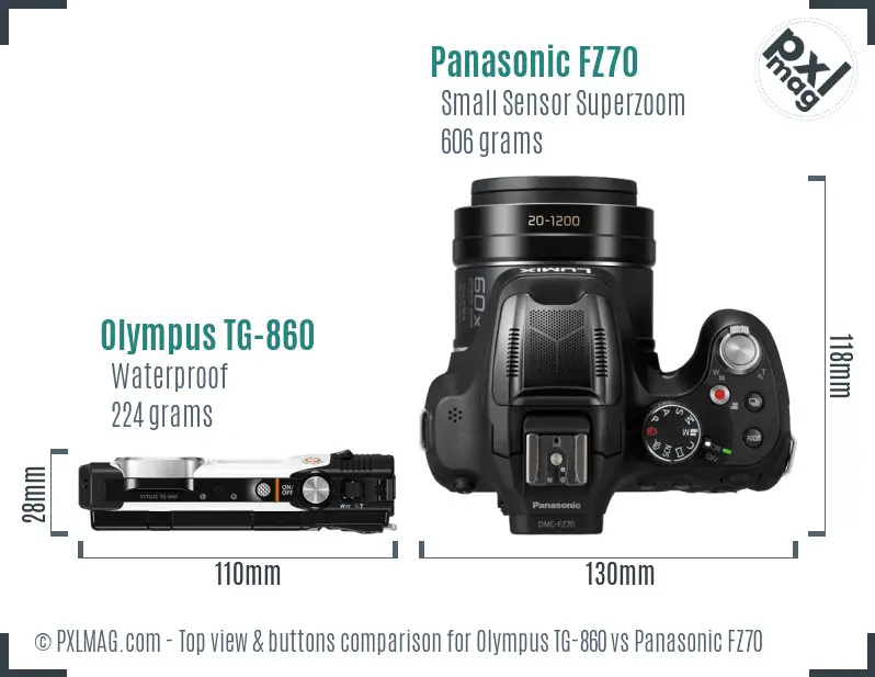 Olympus TG-860 vs Panasonic FZ70 top view buttons comparison Olympus TG-860 vs Panasonic FZ70 top view buttons comparison