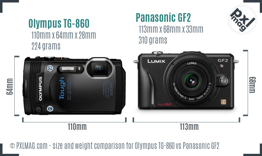 Olympus TG-860 vs Panasonic GF2 size comparison