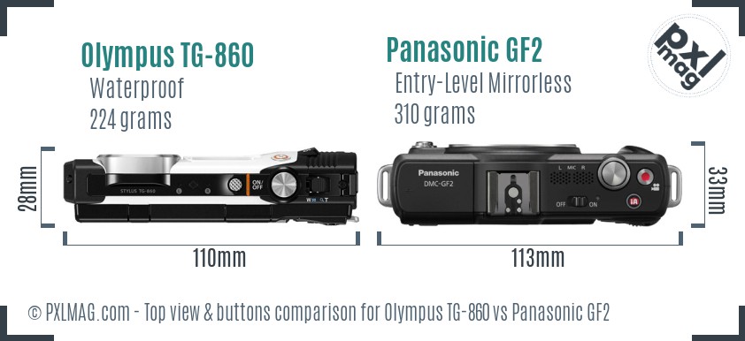 Olympus TG-860 vs Panasonic GF2 top view buttons comparison