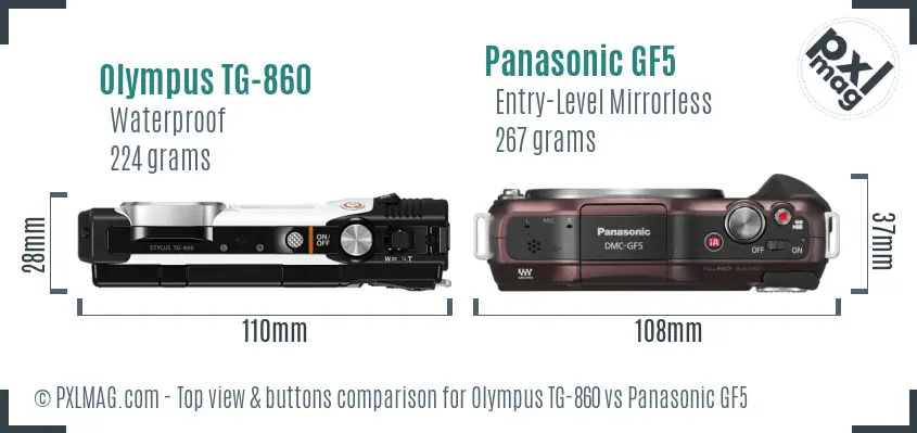 Olympus TG-860 vs Panasonic GF5 top view buttons comparison Olympus TG-860 vs Panasonic GF5 top view buttons comparison