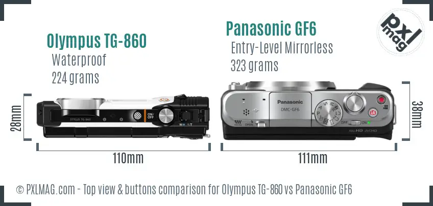 Olympus TG-860 vs Panasonic GF6 top view buttons comparison Olympus TG-860 vs Panasonic GF6 top view buttons comparison