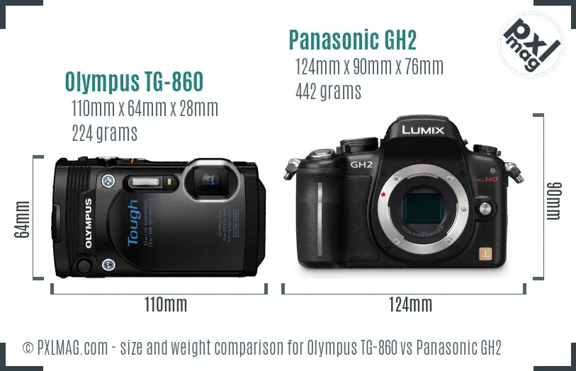Olympus TG-860 vs Panasonic GH2 size comparison