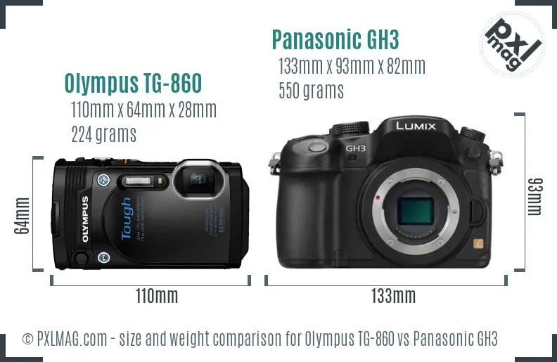 Olympus TG-860 vs Panasonic GH3 size comparison