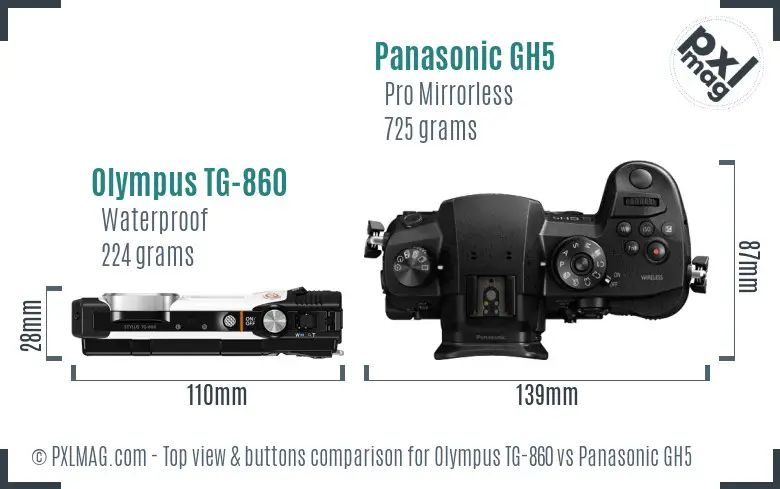 Olympus TG-860 vs Panasonic GH5 top view buttons comparison