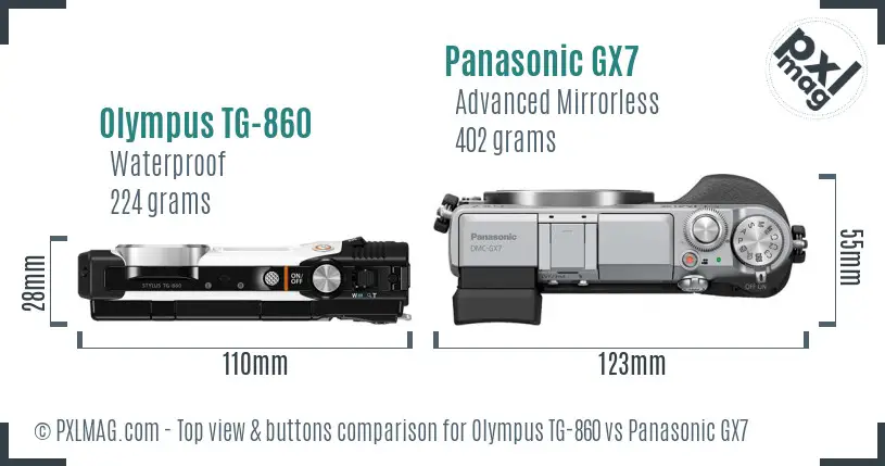 Olympus TG-860 vs Panasonic GX7 top view buttons comparison