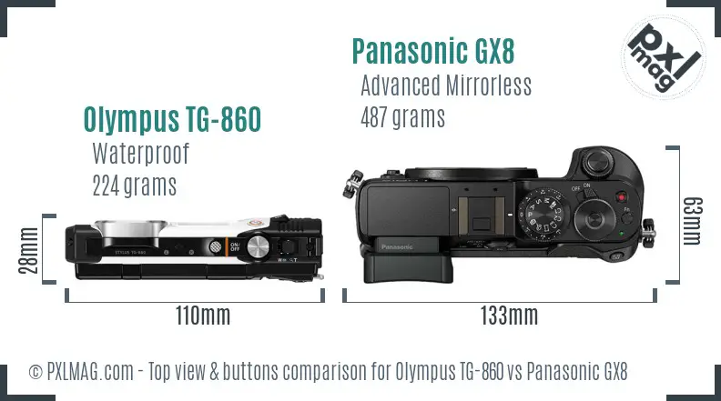 Olympus TG-860 vs Panasonic GX8 top view buttons comparison Olympus TG-860 vs Panasonic GX8 top view buttons comparison