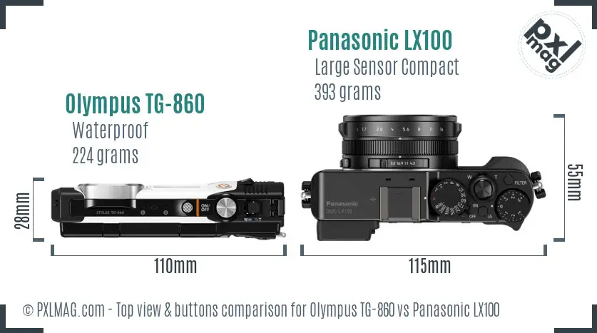 Olympus TG-860 vs Panasonic LX100 top view buttons comparison Olympus TG-860 vs Panasonic LX100 top view buttons comparison