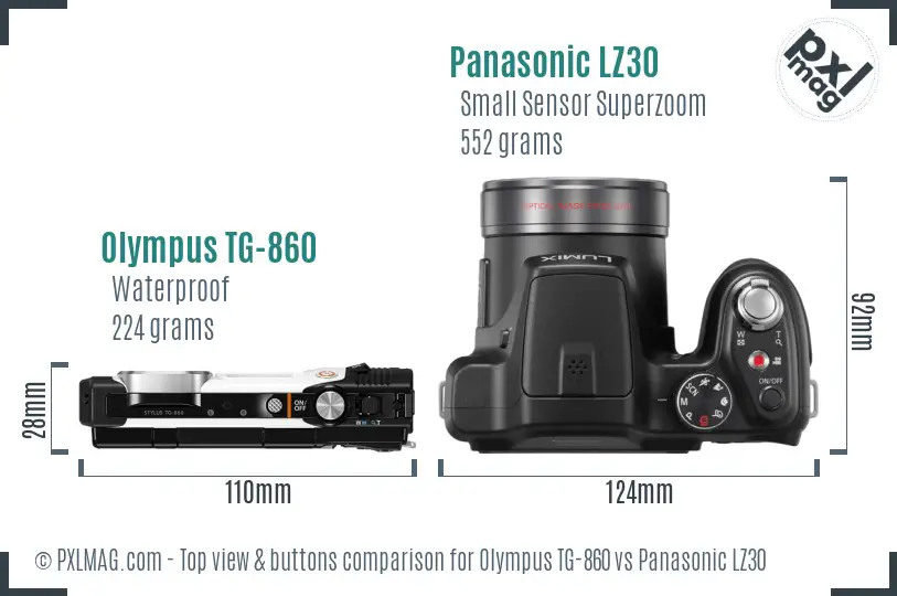 Olympus TG-860 vs Panasonic LZ30 top view buttons comparison Olympus TG-860 vs Panasonic LZ30 top view buttons comparison