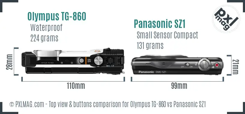 Olympus TG-860 vs Panasonic SZ1 top view buttons comparison