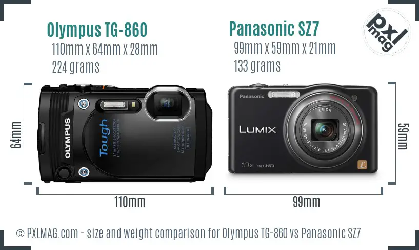 Olympus TG-860 vs Panasonic SZ7 size comparison