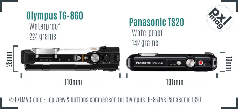 Olympus TG-860 vs Panasonic TS20 top view buttons comparison Olympus TG-860 vs Panasonic TS20 top view buttons comparison