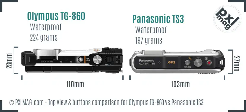 Olympus TG-860 vs Panasonic TS3 top view buttons comparison