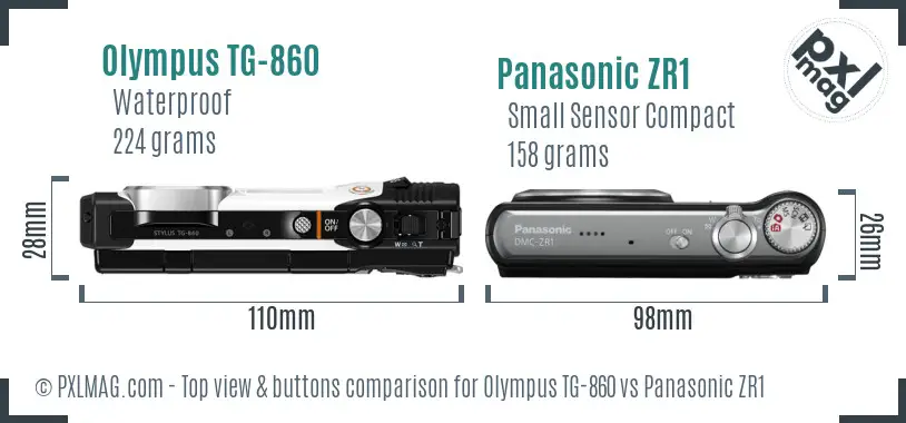 Olympus TG-860 vs Panasonic ZR1 top view buttons comparison