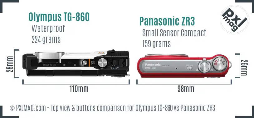 Olympus TG-860 vs Panasonic ZR3 top view buttons comparison