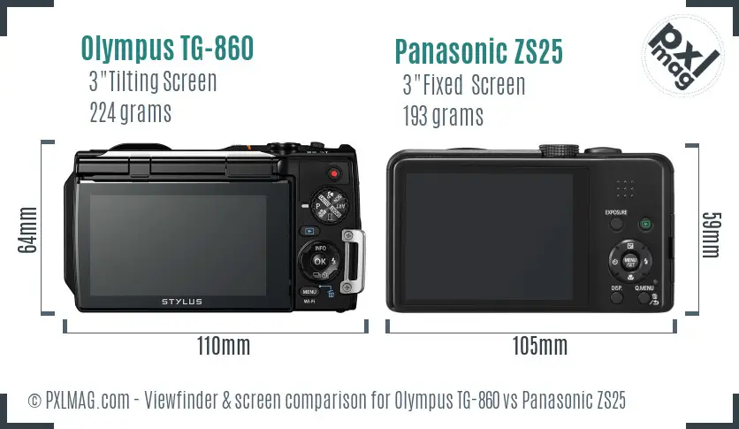 Olympus TG-860 vs Panasonic ZS25 Screen and Viewfinder comparison