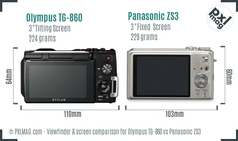 Olympus TG-860 vs Panasonic ZS3 Screen and Viewfinder comparison