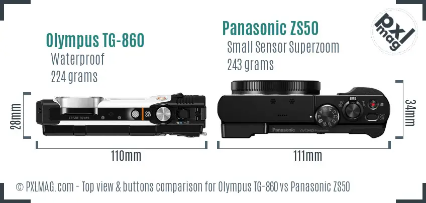 Olympus TG-860 vs Panasonic ZS50 top view buttons comparison