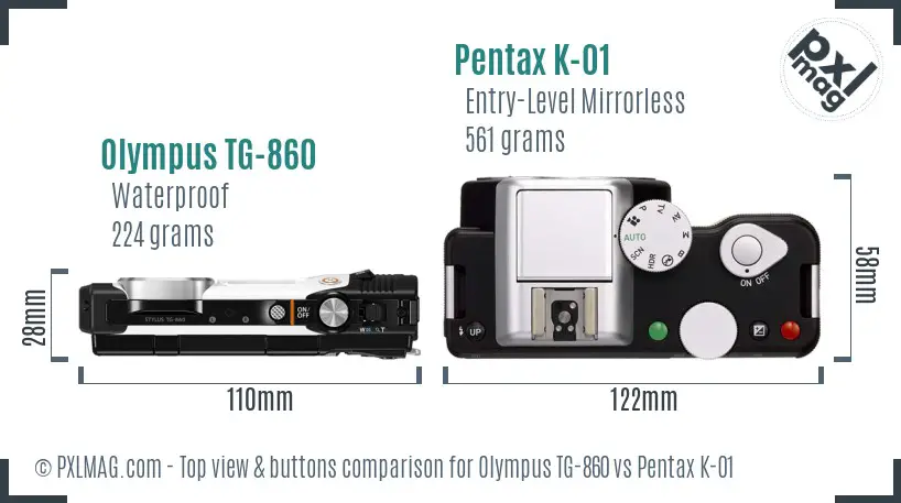 Olympus TG-860 vs Pentax K-01 top view buttons comparison