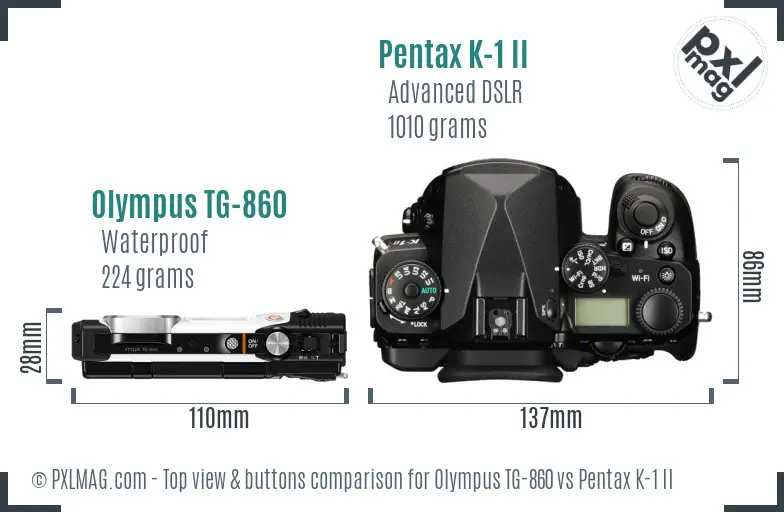 Olympus TG-860 vs Pentax K-1 II top view buttons comparison