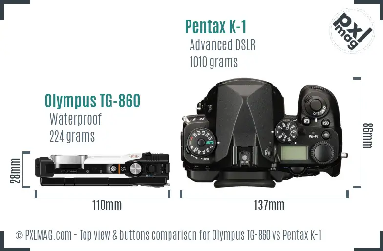 Olympus TG-860 vs Pentax K-1 top view buttons comparison
