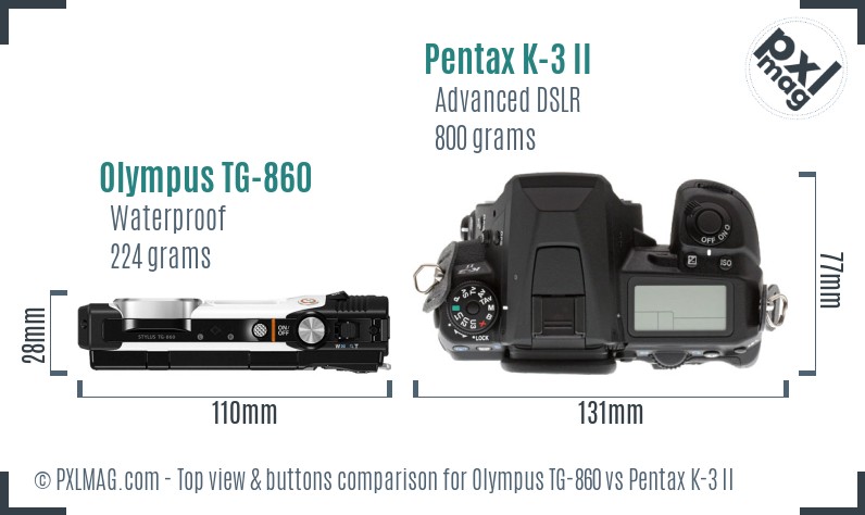 Olympus TG-860 vs Pentax K-3 II top view buttons comparison