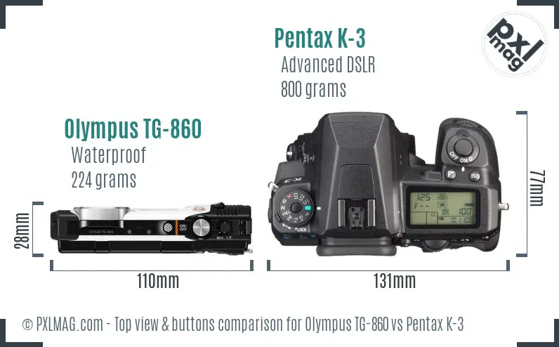 Olympus TG-860 vs Pentax K-3 top view buttons comparison