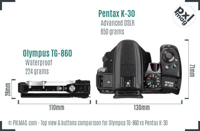 Olympus TG-860 vs Pentax K-30 top view buttons comparison
