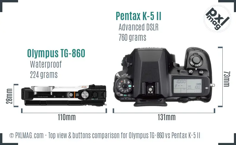 Olympus TG-860 vs Pentax K-5 II top view buttons comparison
