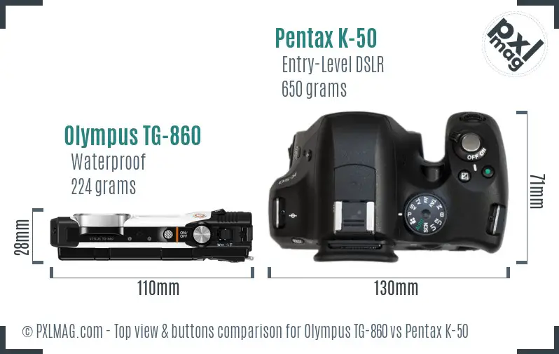 Olympus TG-860 vs Pentax K-50 top view buttons comparison