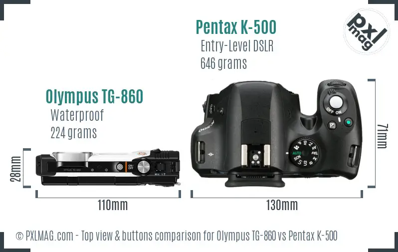 Olympus TG-860 vs Pentax K-500 top view buttons comparison