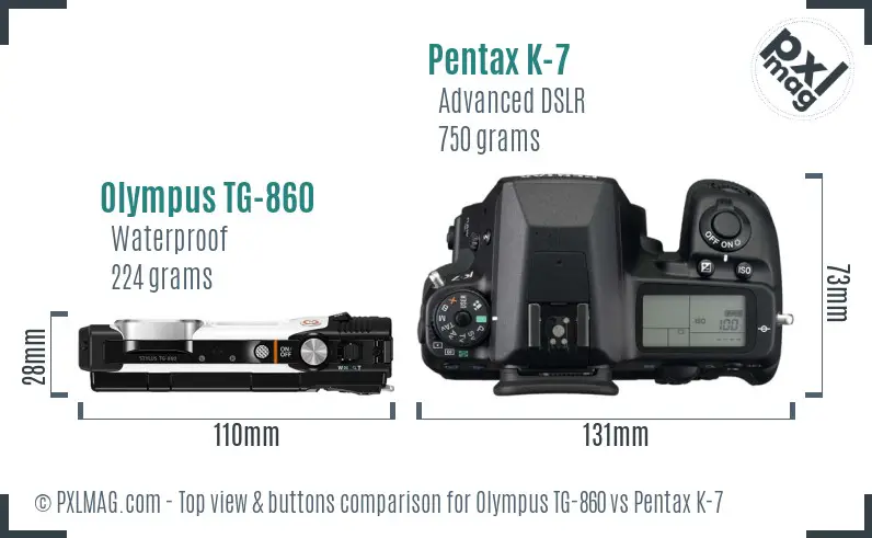 Olympus TG-860 vs Pentax K-7 top view buttons comparison
