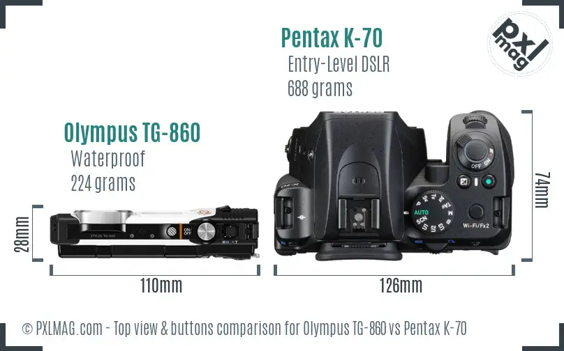 Olympus TG-860 vs Pentax K-70 top view buttons comparison