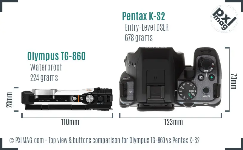 Olympus TG-860 vs Pentax K-S2 top view buttons comparison