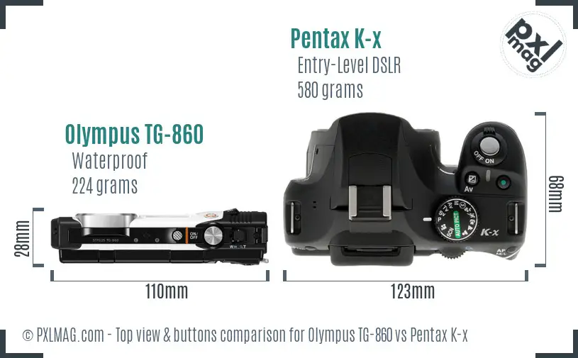 Olympus TG-860 vs Pentax K-x top view buttons comparison