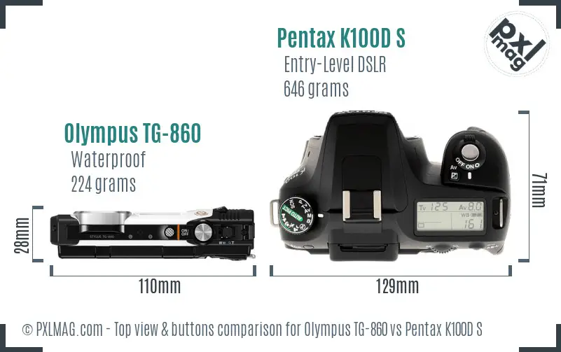 Olympus TG-860 vs Pentax K100D S top view buttons comparison