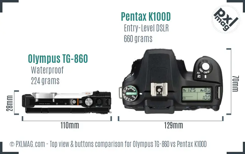 Olympus TG-860 vs Pentax K100D top view buttons comparison