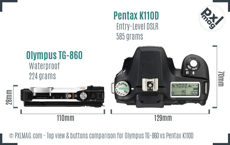 Olympus TG-860 vs Pentax K110D top view buttons comparison