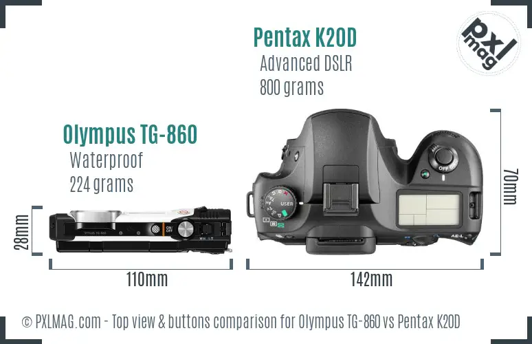 Olympus TG-860 vs Pentax K20D top view buttons comparison