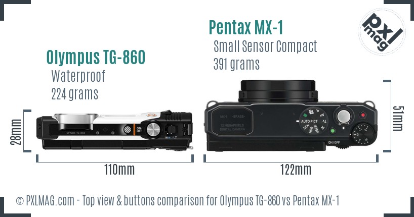 Olympus TG-860 vs Pentax MX-1 top view buttons comparison