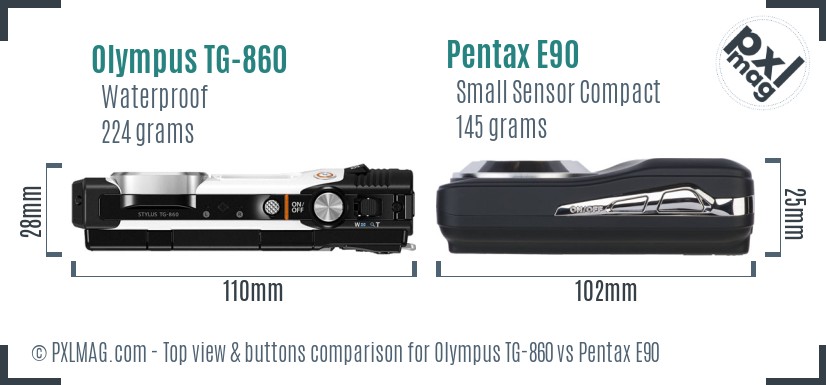 Olympus TG-860 vs Pentax E90 top view buttons comparison
