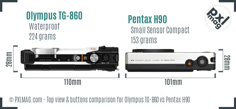 Olympus TG-860 vs Pentax H90 top view buttons comparison