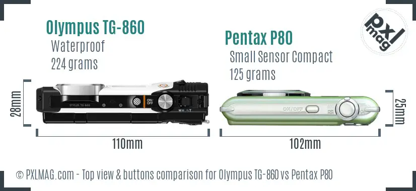 Olympus TG-860 vs Pentax P80 top view buttons comparison